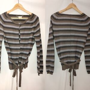 Humanoid Two Button Cardigan Tan Gray Stripe Neutral Merino Wool Linen Blend M